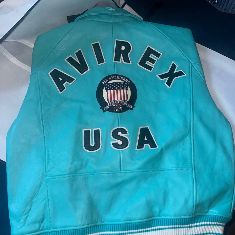 XL AVIREX TURQUOISE LEATHER COAT